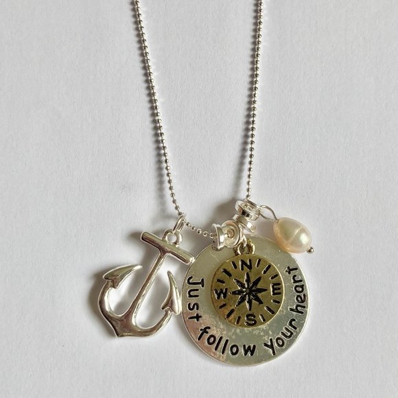 Nautical Compass Anchor Pearl Pendant Necklace Silver Plated 19" Freshwater - Picture 8 of 12